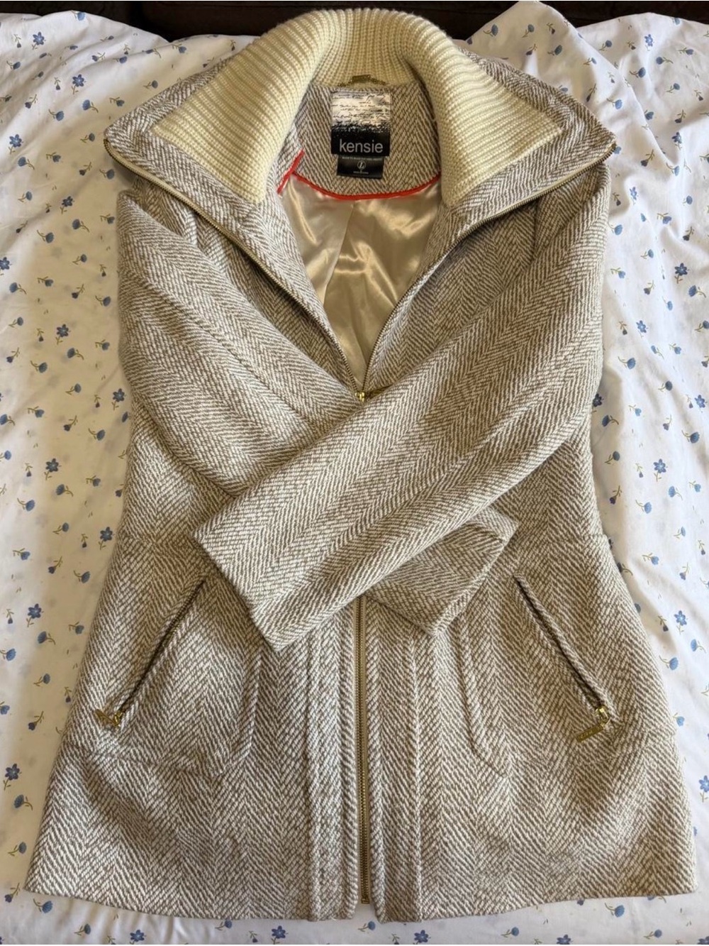 kensie Cream Herringbone Zip-Front Pea Coat